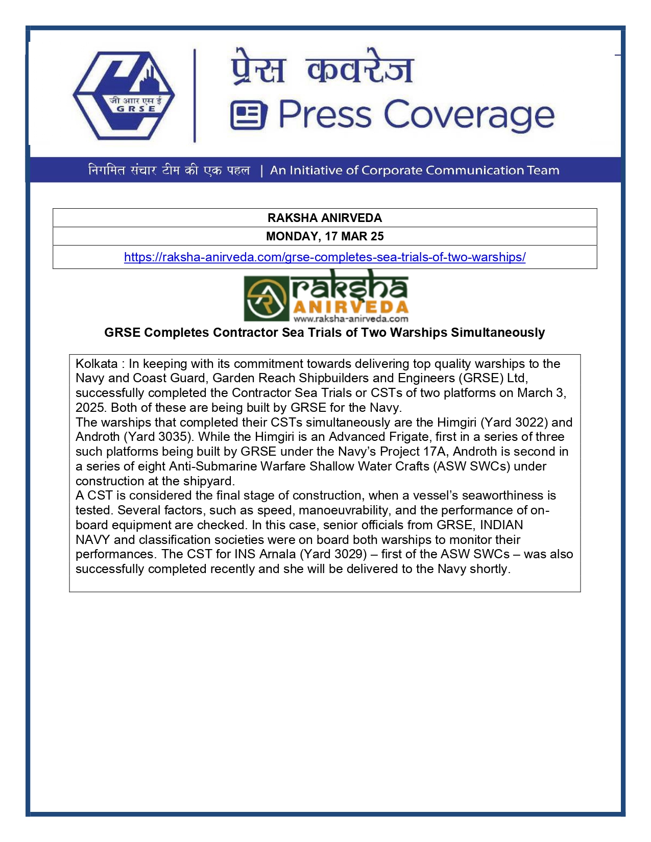 Press Coverage :GRSE completes Contractor Sea Trials of two warships simultaneously